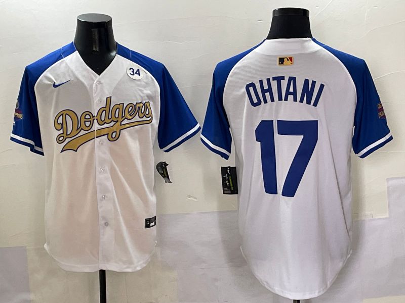 Men Los Angeles Dodgers 17 Ohtani White Blue Champion gold character Nike 2025 MLB Jersey style 50517